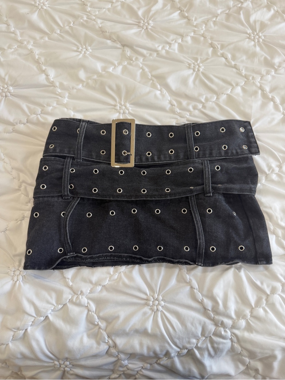Black Grommet Detail Denim Mini Skirt with Wide Belt